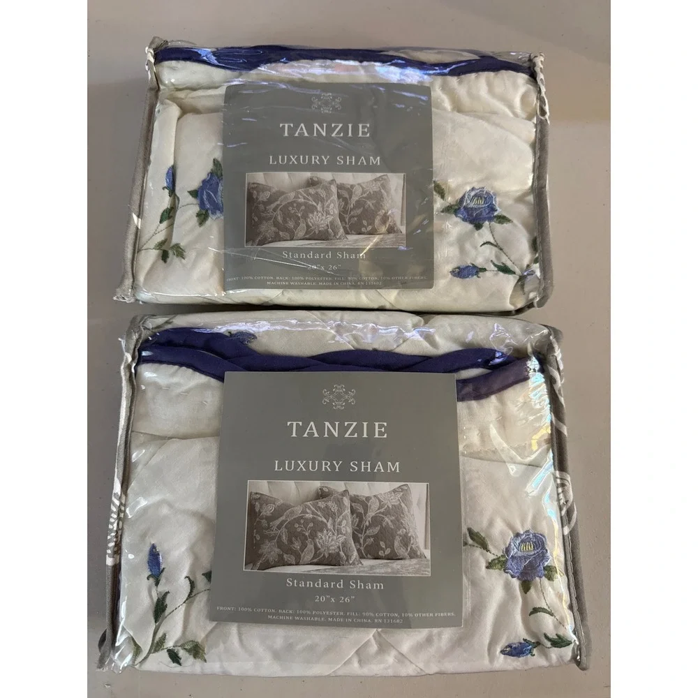 Tanzie Luxury Standard Sham Set of 2 Grey White Floral Bird Quilted 20x26